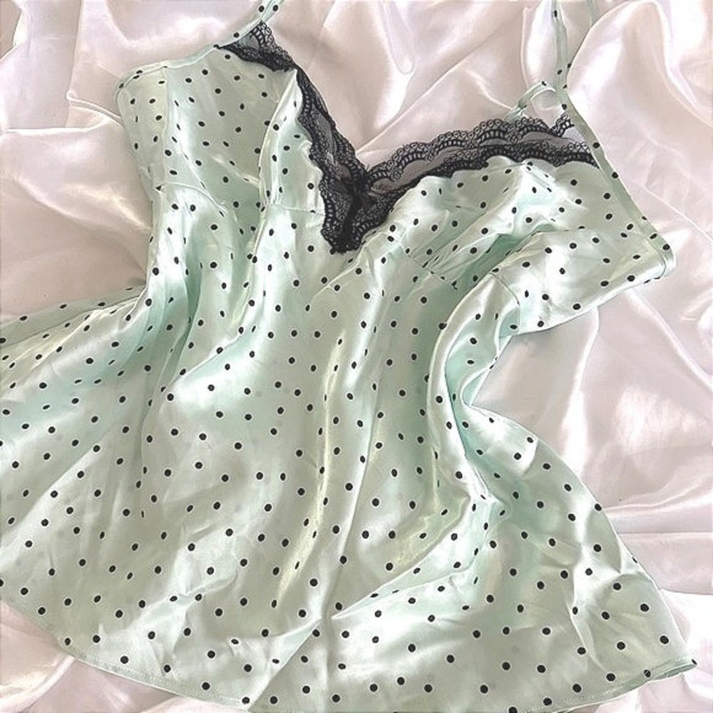 Linea Donatella Mint Green Polka Dot Lace Trim Camisole Top Large TPS140